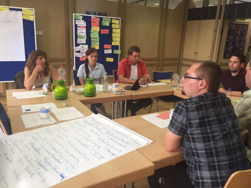 Sechs Personen sitzen sitzen um einen Konferenztisch und außerdem liegen beschriebene Papiere von einem Flipchart auf dem auf dem Tisch